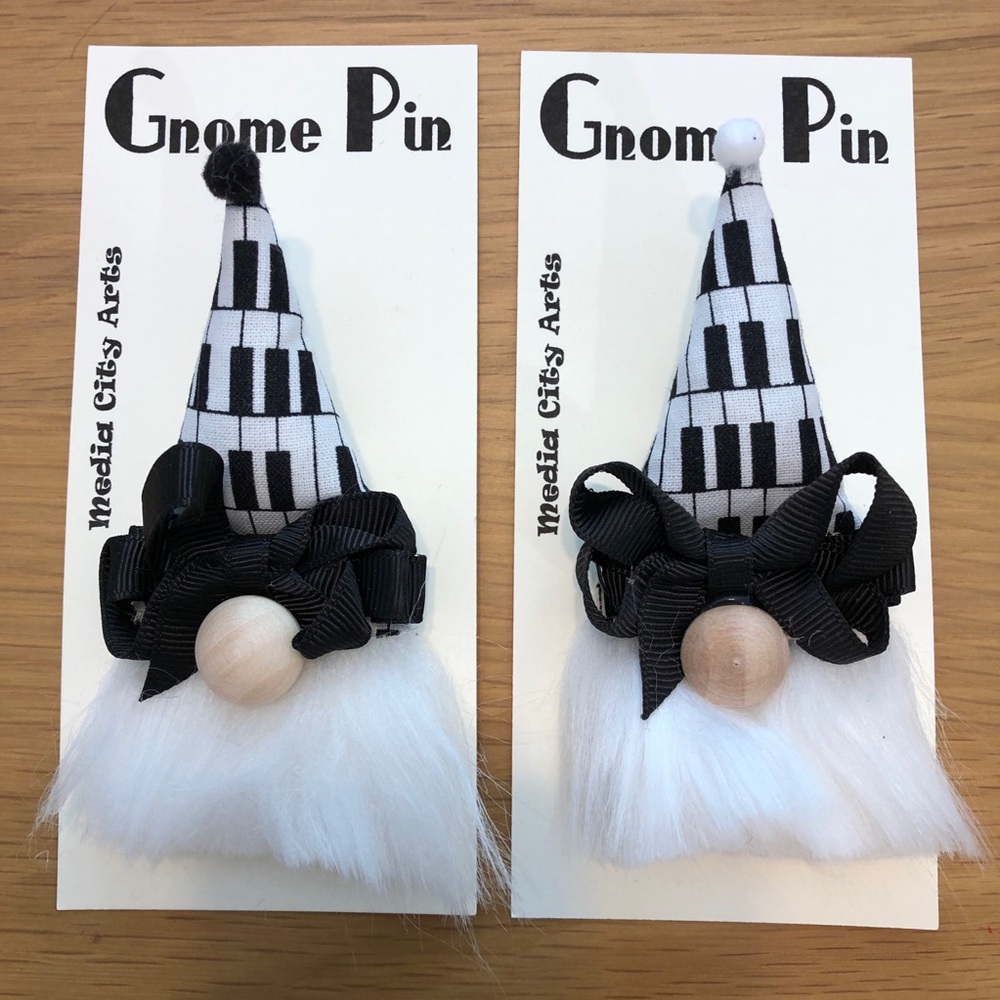 Piano Keys Gnome Pin Brooch Handmade Gift Guide Bow Magnetic Musical B&W Pianist